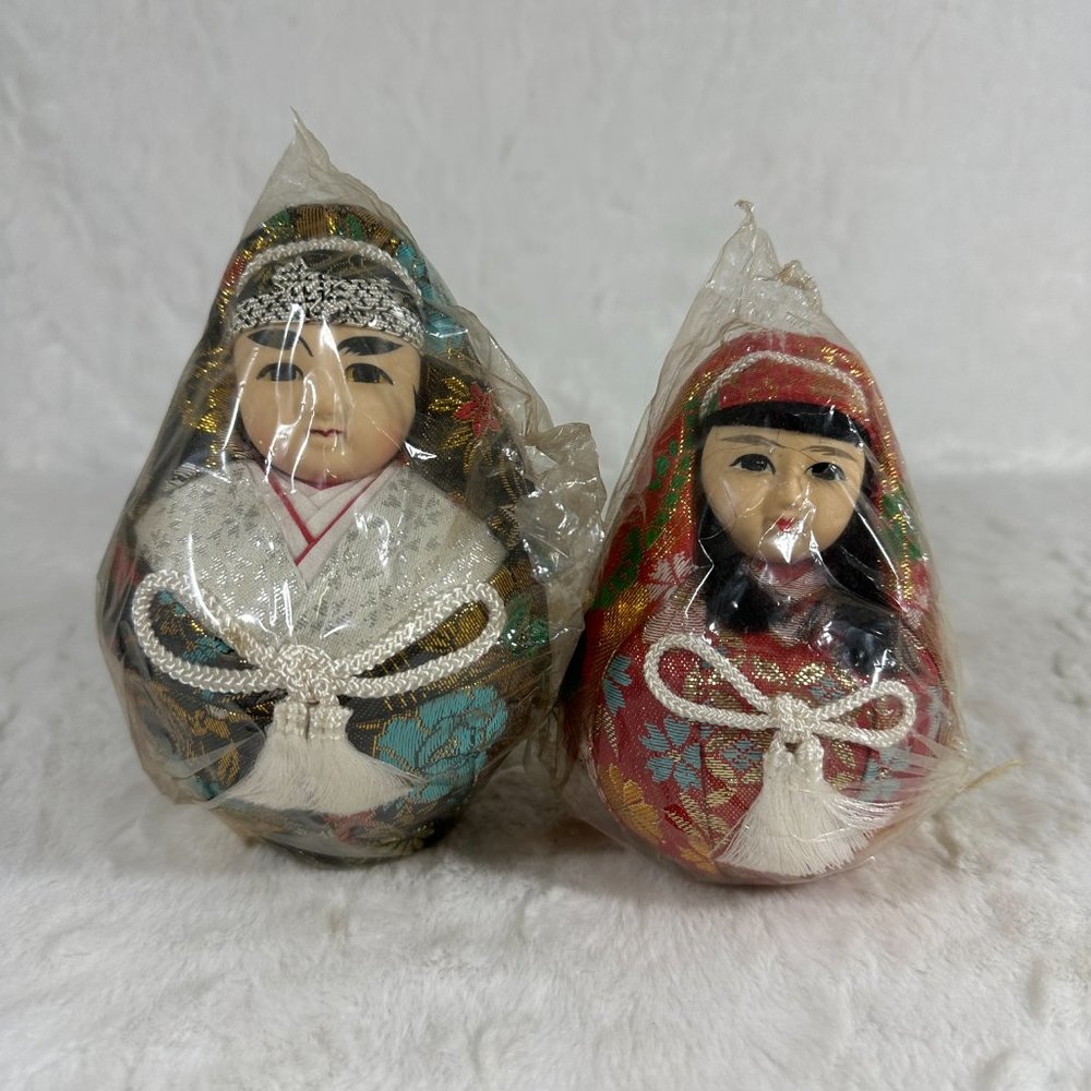 Vtg Japanese Asian Gofun Wedding Dolls Ball Round Bride Groom Set Kimono Brocade